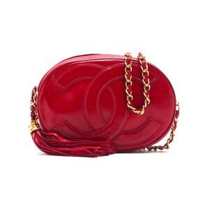 Authentic CHANEL CC Vintage Round Tassel Shoulder Bag Tote Lambskin Leather Red